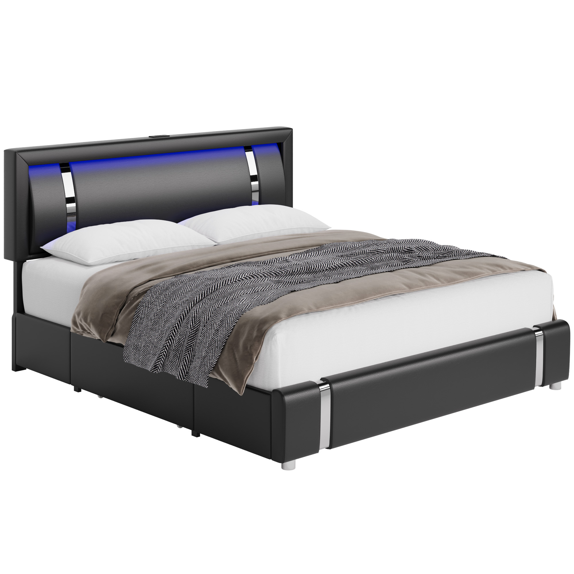 Homfa King Size LED Bed Frame with 2 Storage Drawers, Modern Leather Upholstered Platform Bed Frame with Adjustable Headboard, Black - image 3 of 11