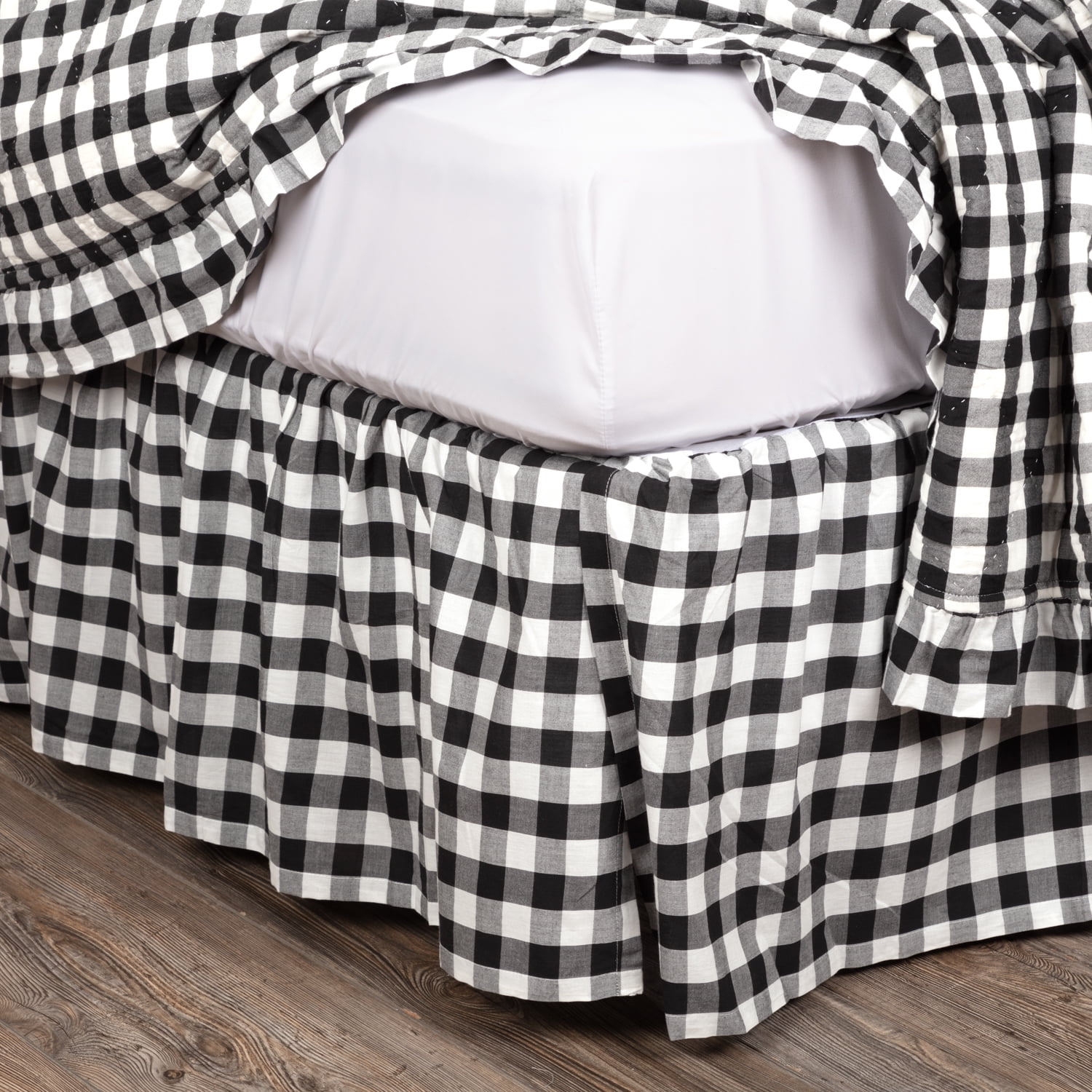 VHC Black Check Star Country Farmhouse Pleated Cotton Bed Skirt 