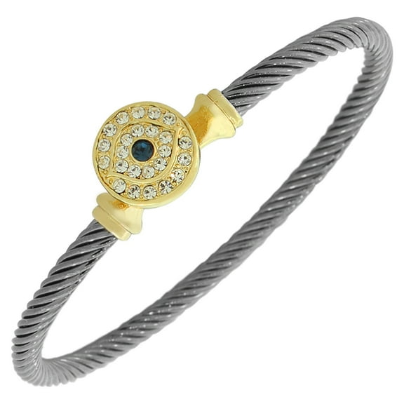 Fashion Alloy Black Yellow Gold-Tone White Blue CZ Evil Eye Bangle Bracelet