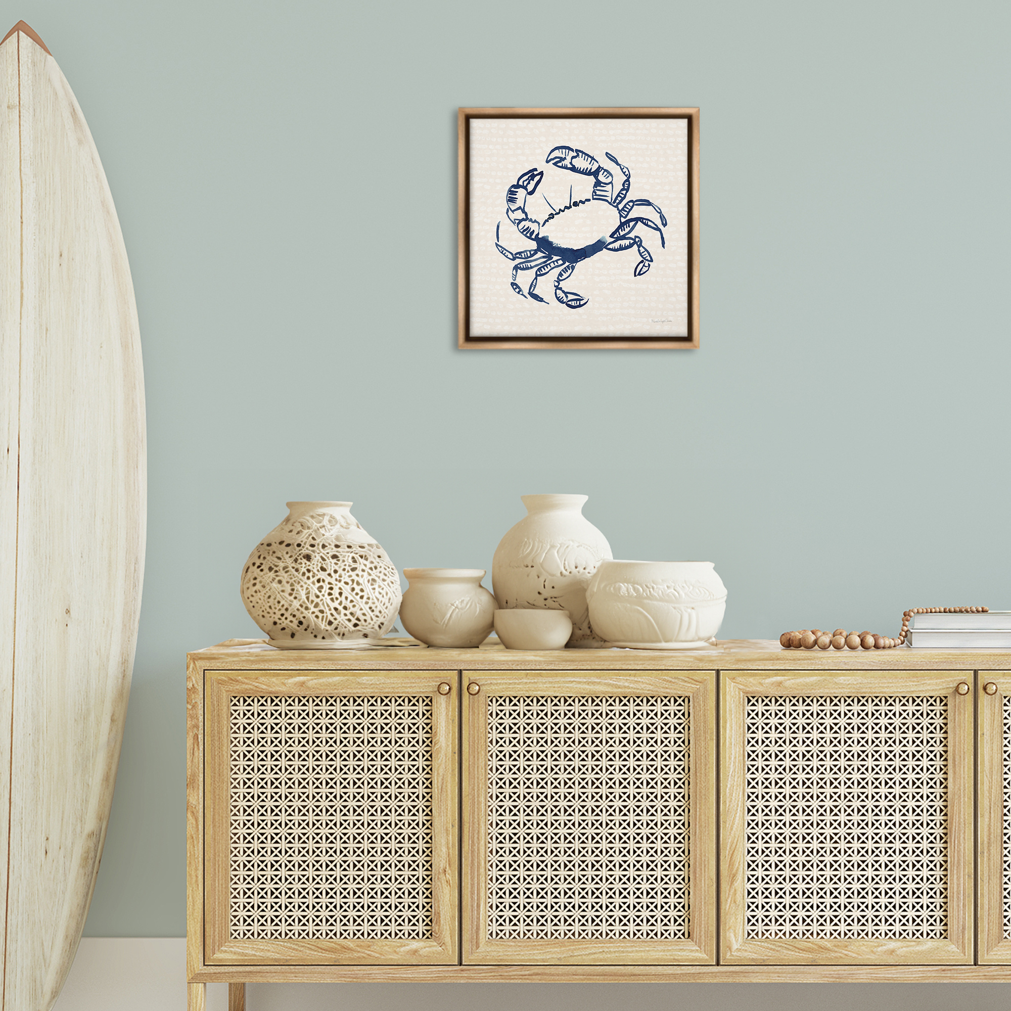 Stupell Industries Aquatic Crab on Beige Animals & Insects Painting Brown Floater Framed Canvas Art Print Wall Art, 18 x 18