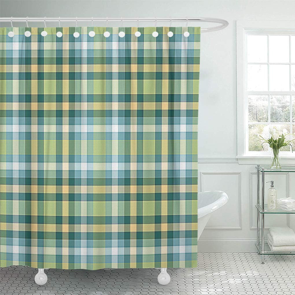 CYNLON Teal Blue and Lime Plaid Bathroom Decor Bath Shower Curtain