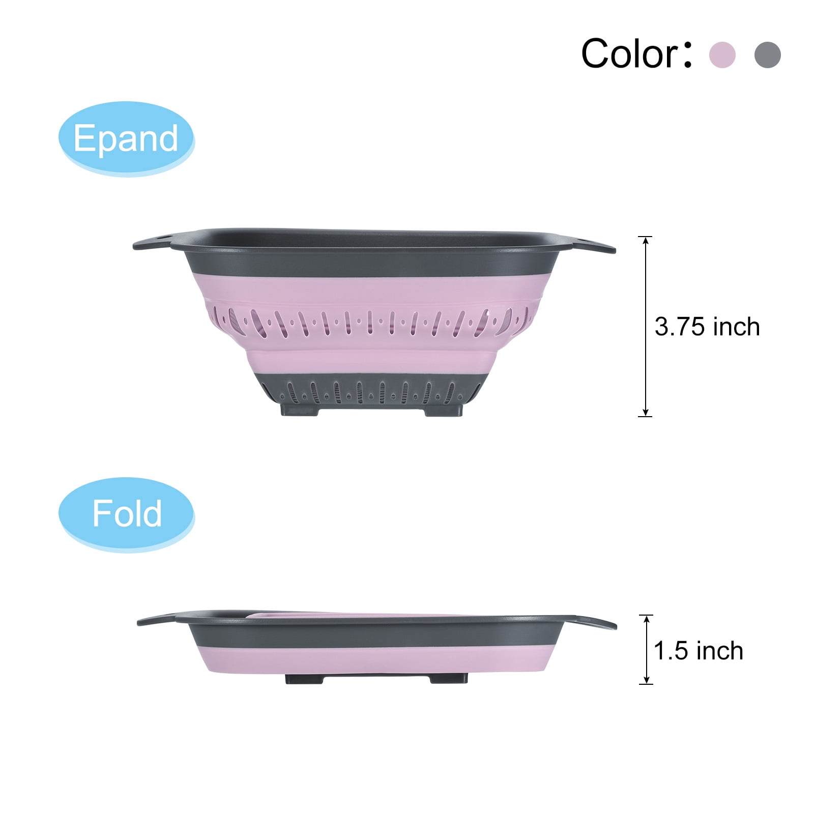 Unique Bargains Square Collapsible Silicone Colander with Handle Gray,Pink