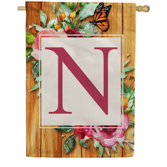 America Forever Spring Monogram House Flag Letter N 28 x 40 inches Double Sided Vertical Outdoor, Yard, Lawn, Seasonal Decorative Flowers Bees and Butterflies Summer House Flag