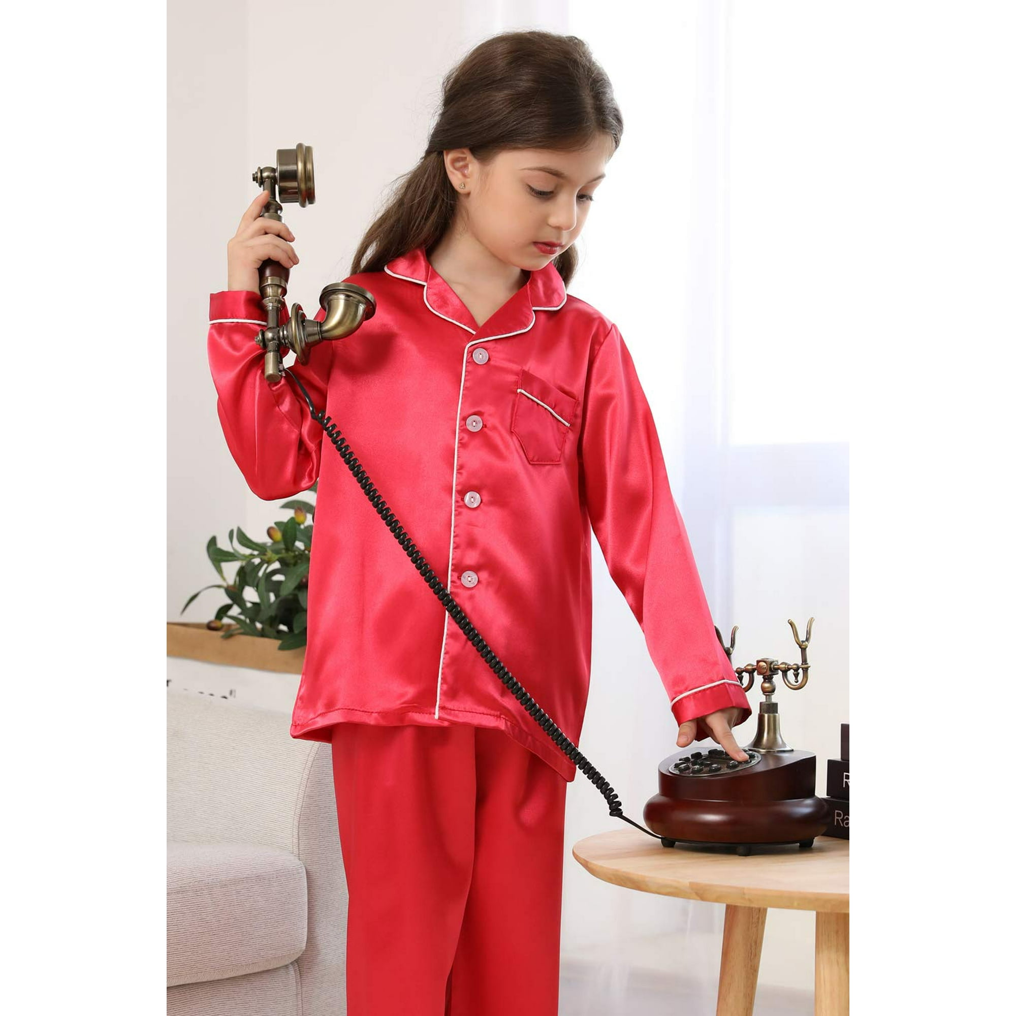 Pajamas Kid Unisex Pjs Set Girls Boys Silk Pajamas Set Satin Long Sleeve 2 Piece Clasic Sleepwear for 2 12 Years Todder Red