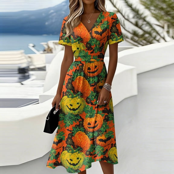 Halloween Midi Dresses for Women Pumpkin Ghost V Neck Horror Dresses Witch Hat Short Sleeve Spooky Sundress, XL
