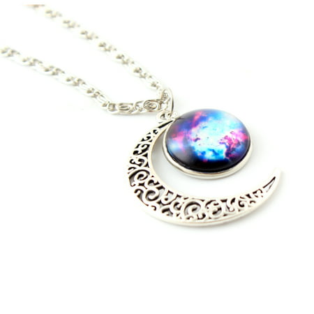 Women Galaxy Universe Crescent Moon Glass Cabochon Pendant Necklace Gift