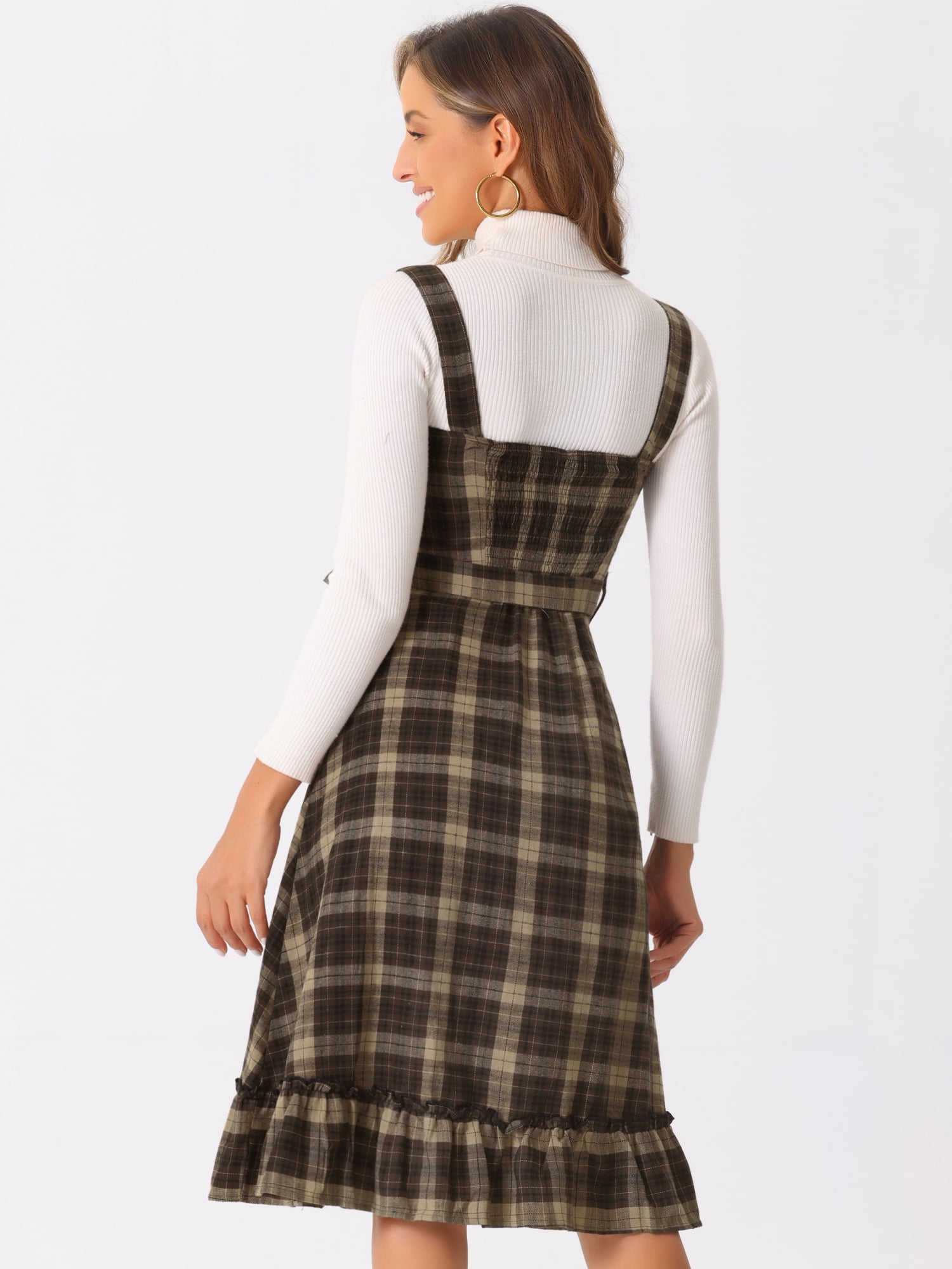 DARING DIVA Women's Ruffled Sleeveless Tie Waist A Line Plaid Dress XS Khaki Brown