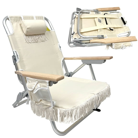 Tassel Backpack Beach Chair - 5 Positions and Cup Holder Pouch on Side - Padded Pillow - Storage Bag on Back – Lightweight Rustproof Aluminum – Black Frame, 1 Pack TAN