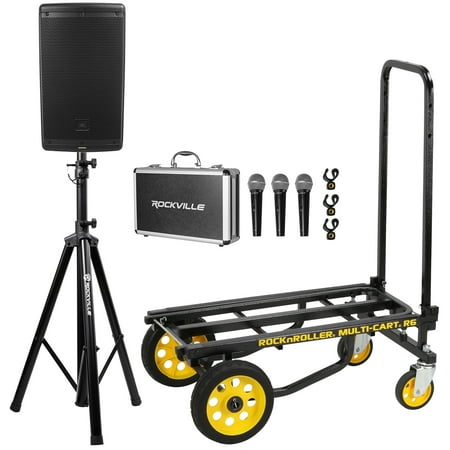JBL EON610 10" 1000w Powered DJ PA Speaker+Stand+Rolling Transport Cart+(3) Mics