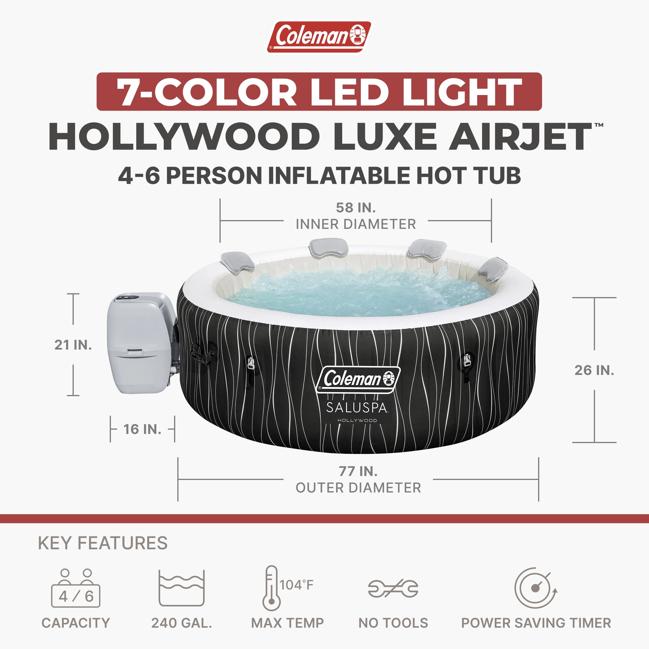 Coleman SaluSpa Hollywood Luxe AirJet Round Inflatable Hot Tub with LED Lights 4-6 Person with Pump #P08411
