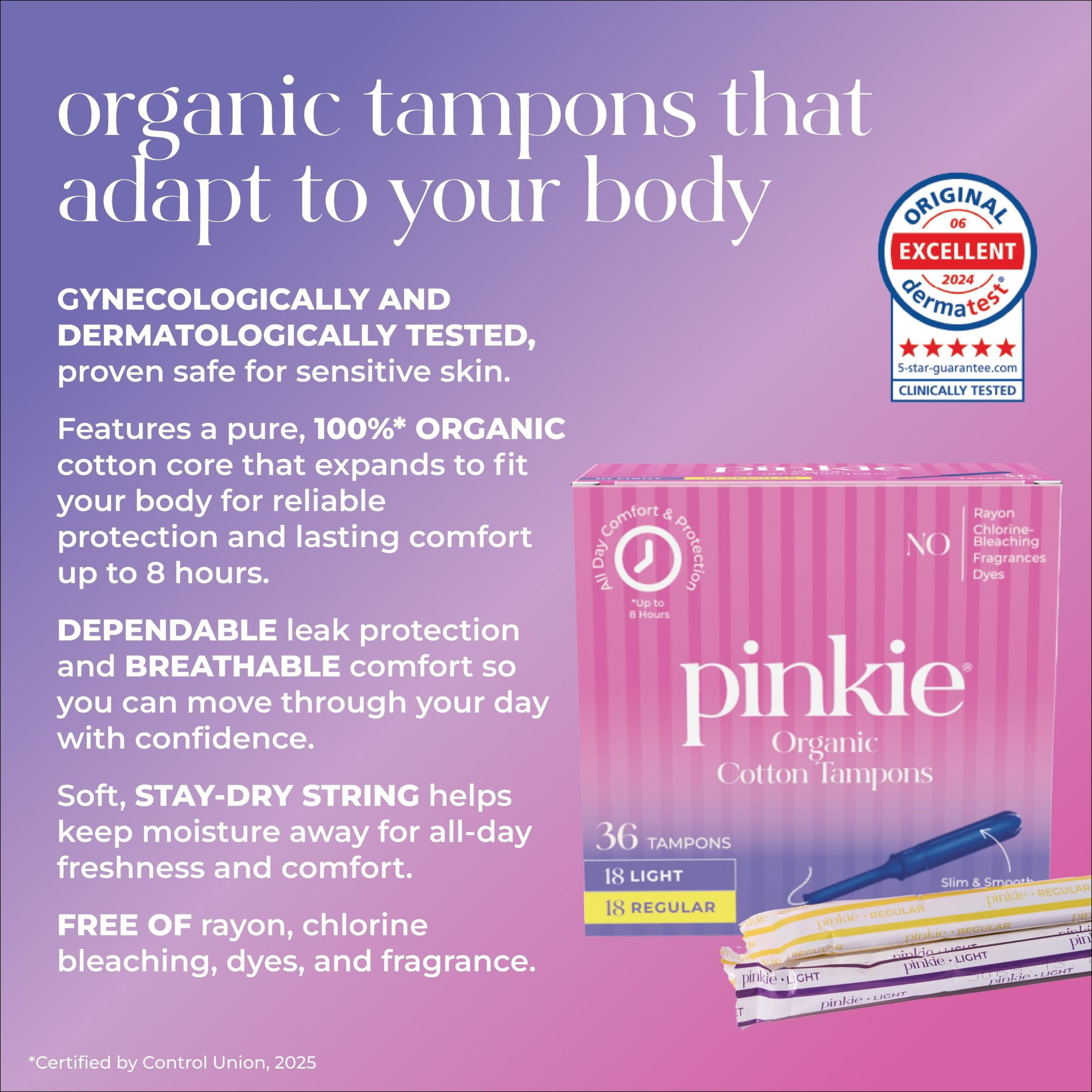 Pinkie Organic Cotton Multipack Tampons, Light/Regular (36 Count)