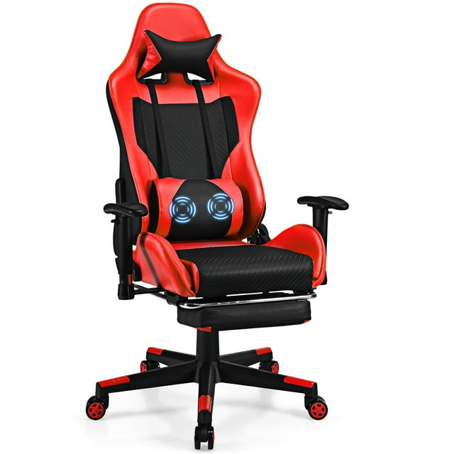 Costway Chaise de Jeu de Massage Inclinable de Course pour Bureau et Ordinateur avec Repose-Pieds Rouge