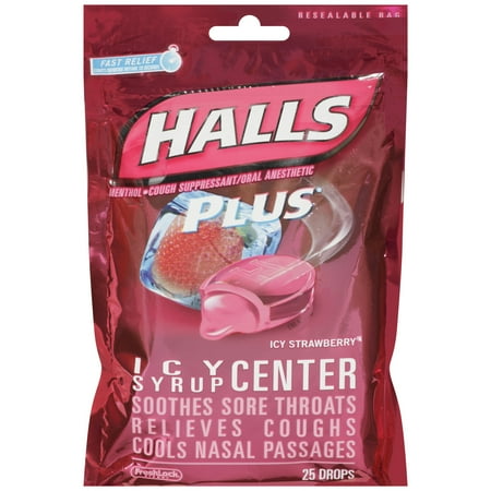 Halls Plus Drops, Icy Strawberry, 25 Ct