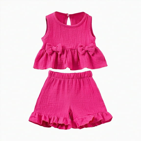 KPOPLK Toddler Girl Summer Clothes Baby Solid Linen Outfit Bows Ruffle Tank Tops Shirts Ruffled Short Set baby girl 3 6 months clearance clothing free shipping(2-3 Years,Hot Pink)