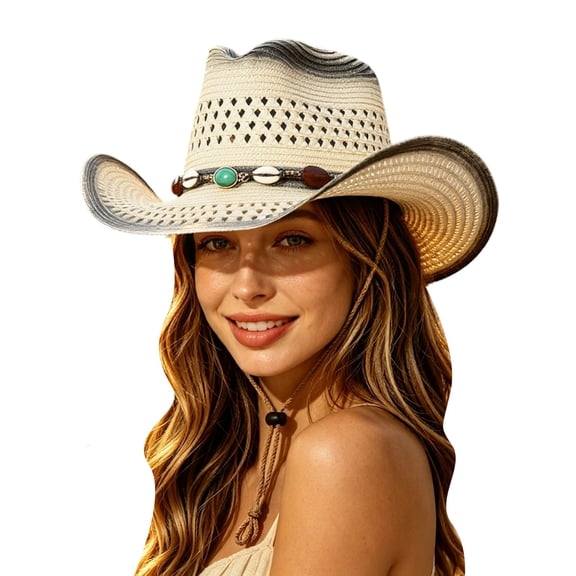 Woven Straw Western Cowboy Hat with Beaded Band, Unisex Wide Brim Sun Hat, Adjustable Chin Strap Summer Beach Headwear