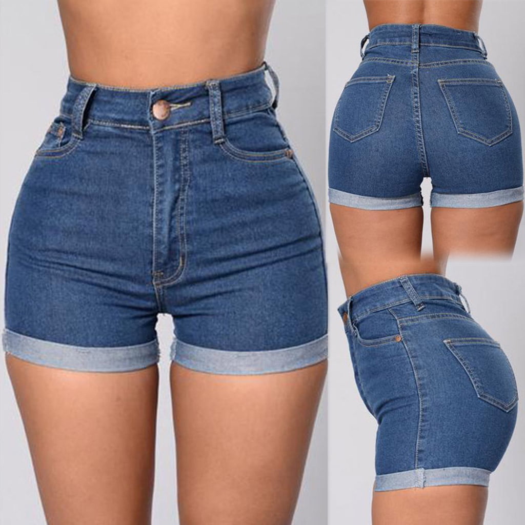 B91xZ Women s Ripped High Waisted Denim Shorts High Rise Distressed Rolled Hem Jeans Shorts Blue L Walmart