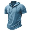 thumbnail image 5 of Kalauyu Mens Hooded Henley Short Sleeve Cotton Blend Pullover Shirts Drawstring Hood with Button Up Casual Solid Color Summer Workout Tees, 5 of 9