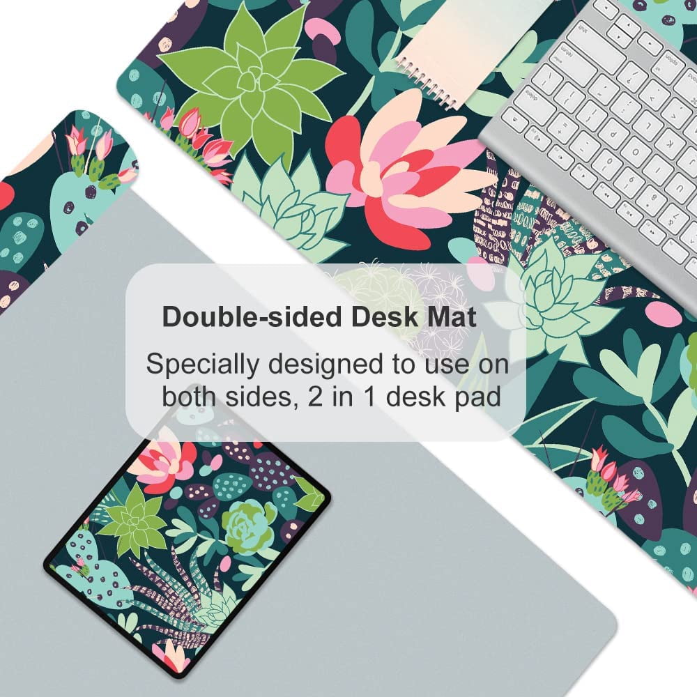 PU Leather Desk Pad, Waterproof Cute Desk Mat, Double Sided Computer Gaming XXL Mouse Pad, Green Large Desk Protector, Succulent Cacti Home Office Décor Mousepad 31.5" x 15.7" - Cactus Flowers
