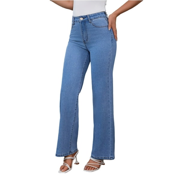 Womens High-Waisted Stretch Denim Pants Light Blue Straight Jeans, Comfy Everyday Fit, Sizes S