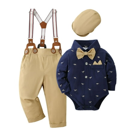

CARETOO Baby Boy Clothes Suits Gentleman Dress Romper Suspender Pants Beret Hat Bow Tie Outfit 0-24M