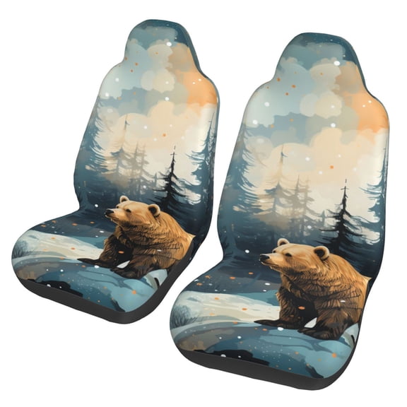 Bear Moose Rustic Wood Car Seat Cover 2 Pcs Auto Front Bucket Seats Protector Cushion Universal Vehicle Truck SUV