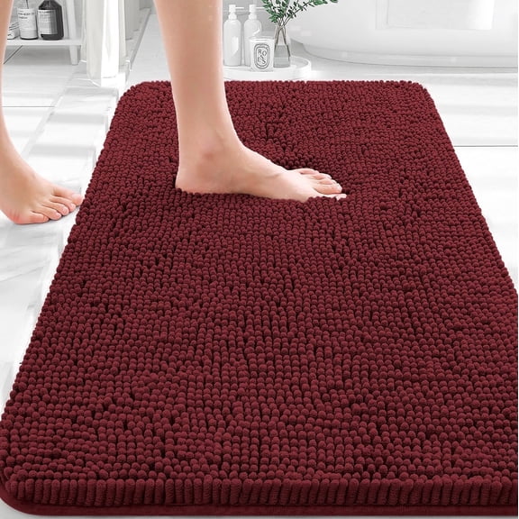 Sasttie Chenille Bathroom Rug Set, 2-Piece Soft Absorbent Non-Slip Bath Mats, Machine Washable, Wine Red, 20"X24"