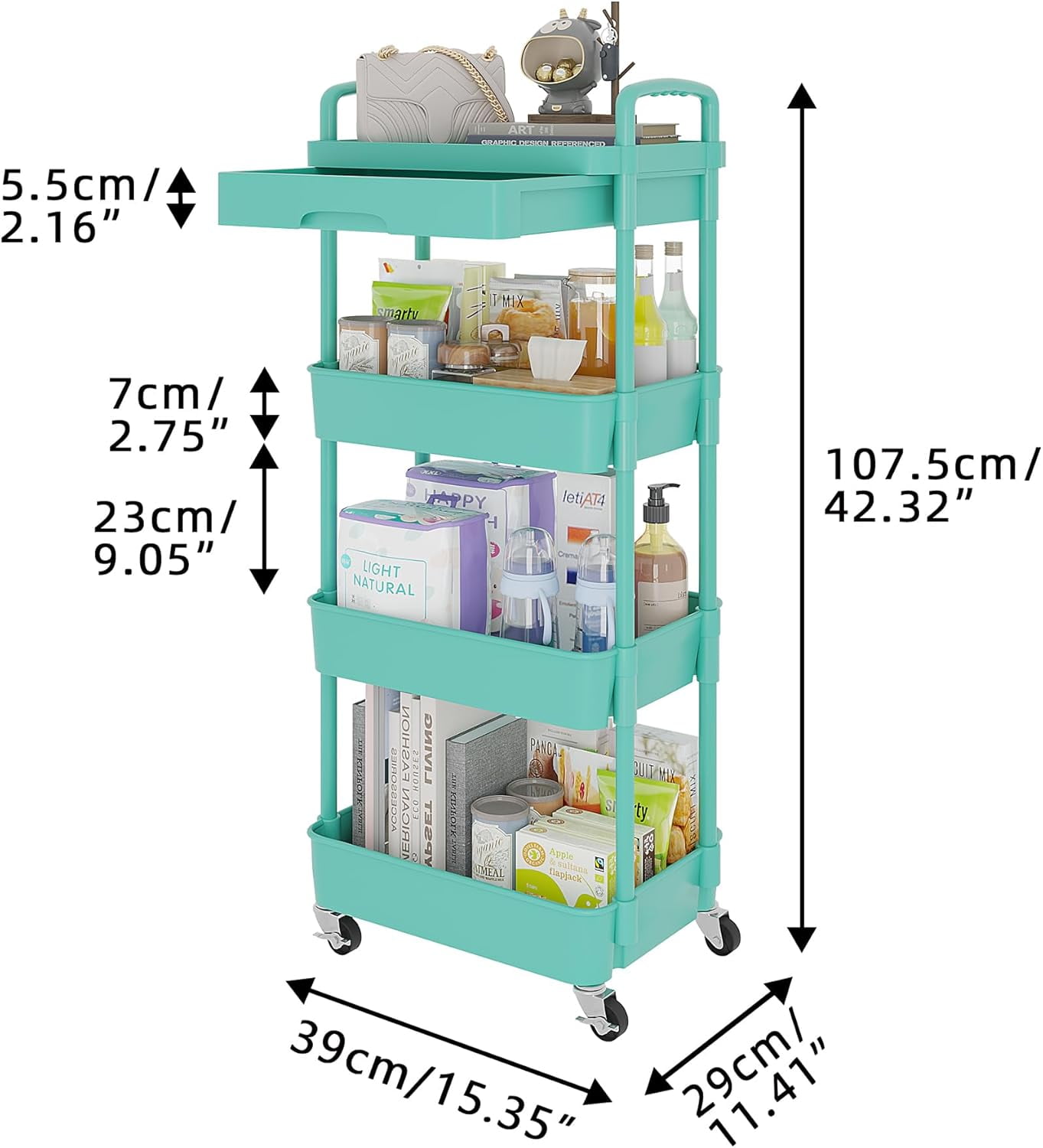 4-Tier Rolling Utility Cart with Drawer,Multifunctional Storage Organizer with Plastic Shelf & Metal Wheel,Storage Cart for Kitchen,Bathroom,Living Room,Office,Green