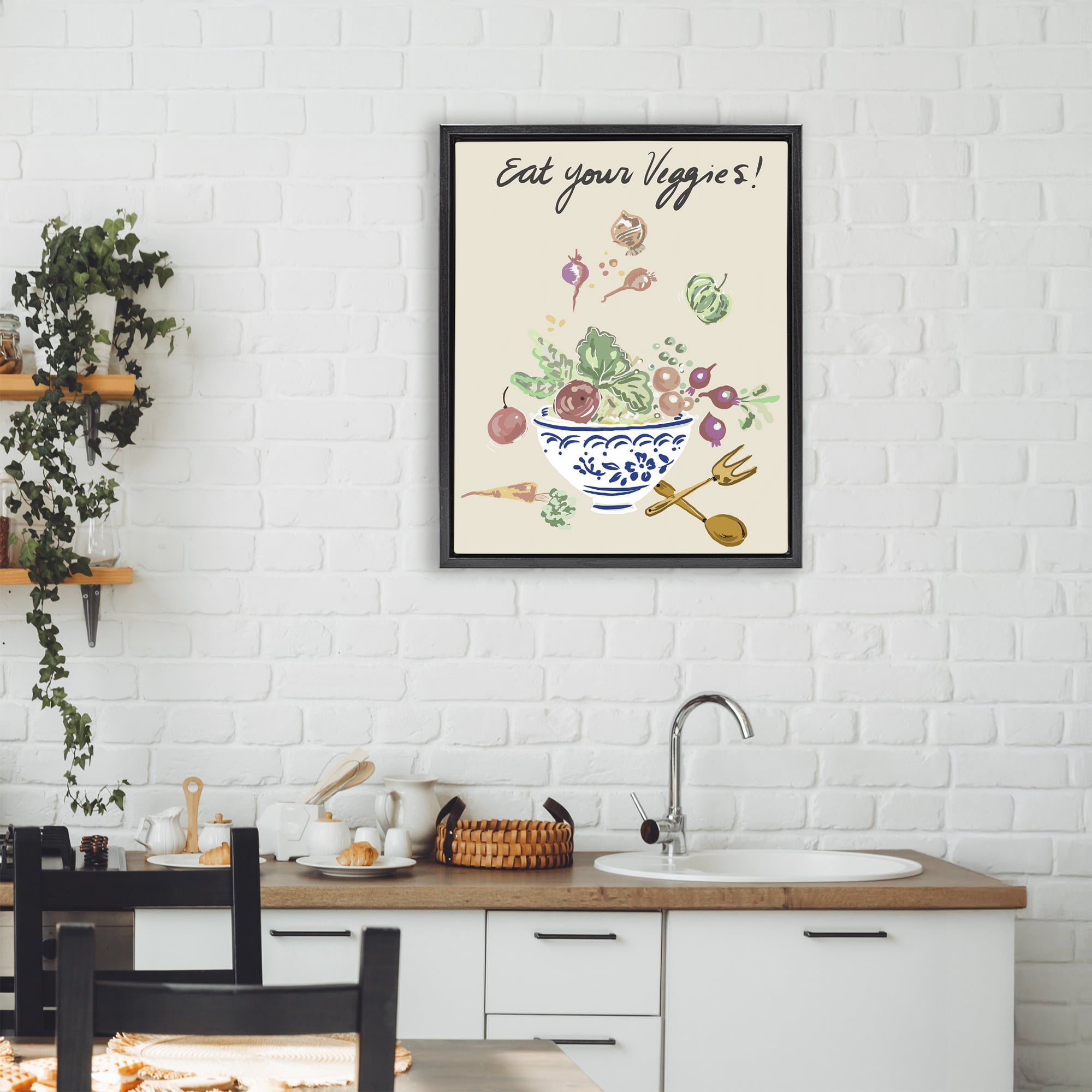 Stupell Industries Eat Your Veggies Bowl Black Framed Floater Canvas Wall Art, design by Ani Del Sol