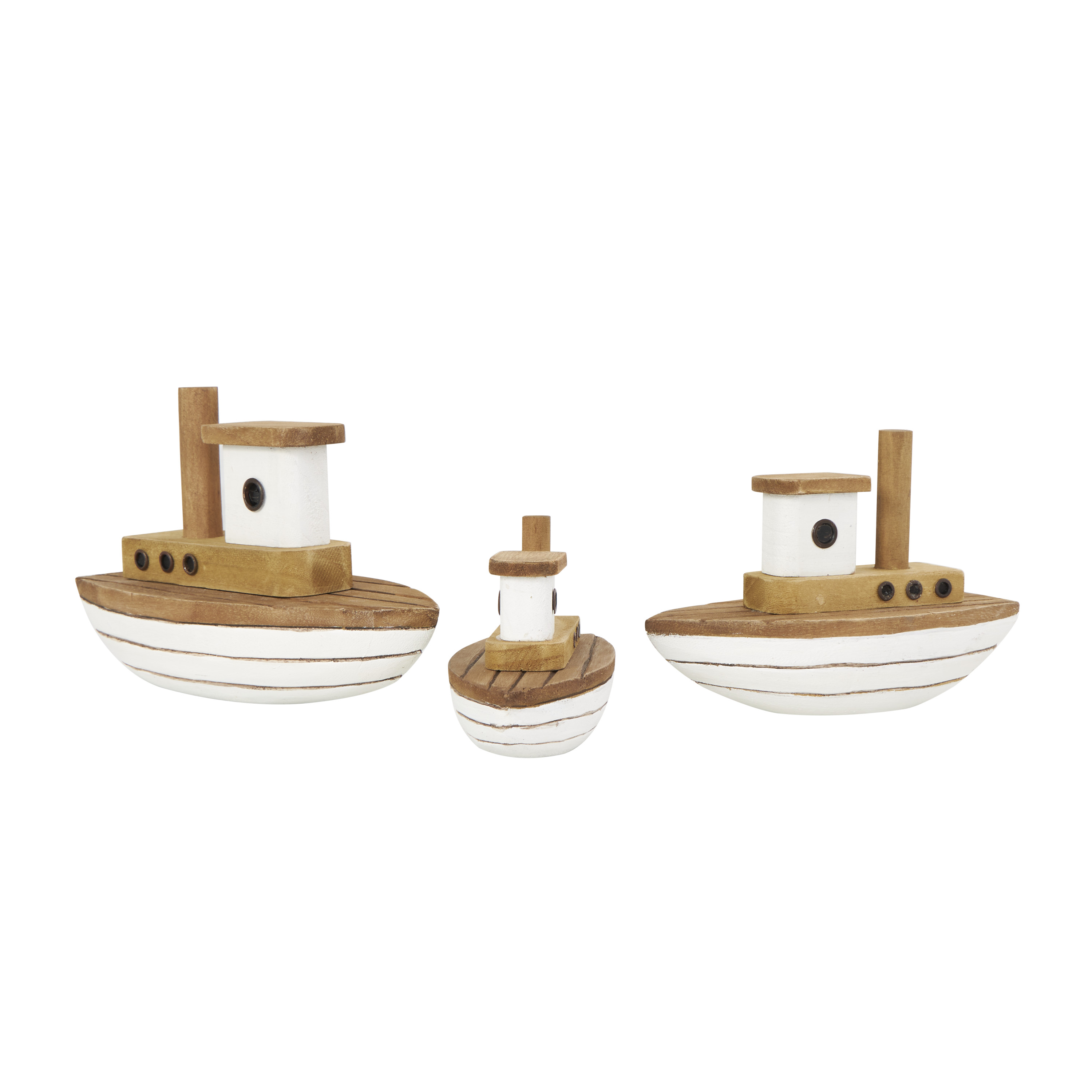 6", 5", 4"H Brown Wood Handmade Boat Sculpture with White Accents, by DecMode (3 Count)