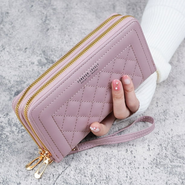 Cartera para mujer, larga, de mano, informal, para teléfono móvil, con doble cremallera, tarjetero de gran capacidad