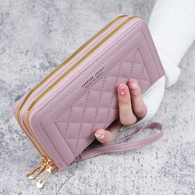 Cartera para mujer, larga, de mano, informal, para teléfono móvil, con doble cremallera, tarjetero de gran capacidad