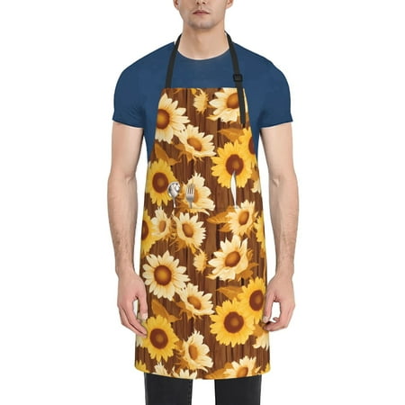 

Pofeuu Brown Wood Grain Sunflower B Print Waterproof Apron with Pockets Adjustable Cooking Aprons Kitchen Bib for Baking Household Cleaning