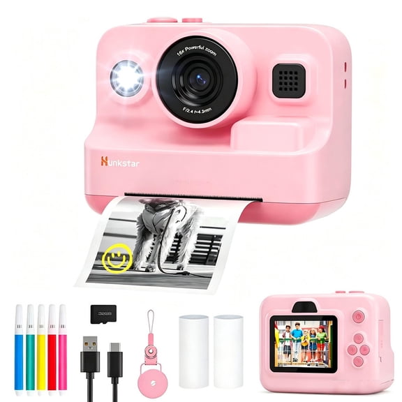 Hunkstar HC200 Instant Print Portable Camera for Kids with 32GB SD Card,16X Zoom,1080p Full HD,Digital Video Camera Gifts for Girls Boys Age 3-12,Pink
