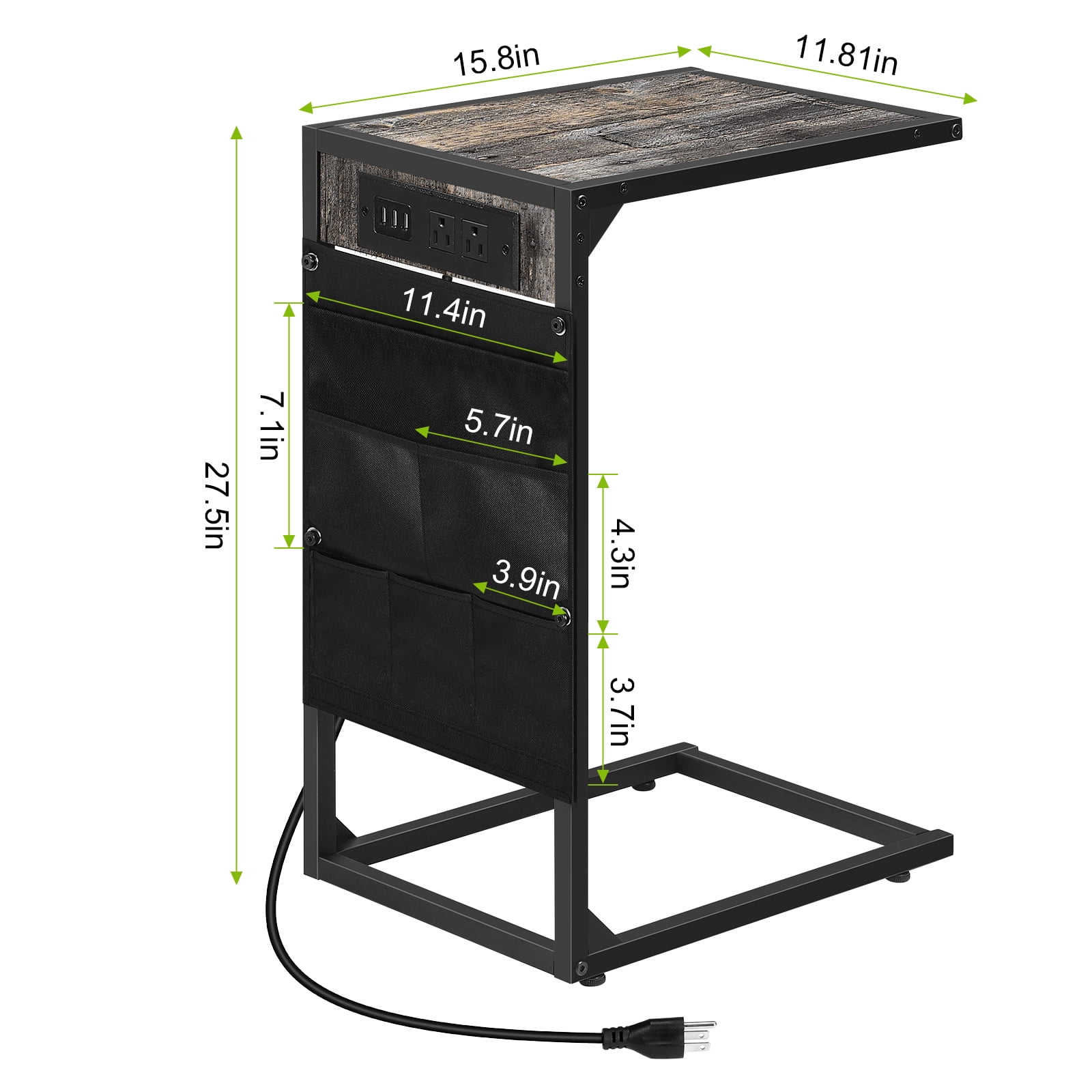 C-Shaped Coffee Table Side Table with Charging Station 2 Piece Sofa Table Set Gray