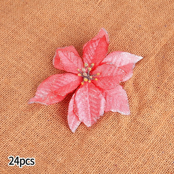 24Pcs Christmas Glitter Artificial Poinsettia Flowers Xmas Poinsettia Artificial Wedding Flowers Decorations Xmas Tree Ornaments for Party Favors, 6inch