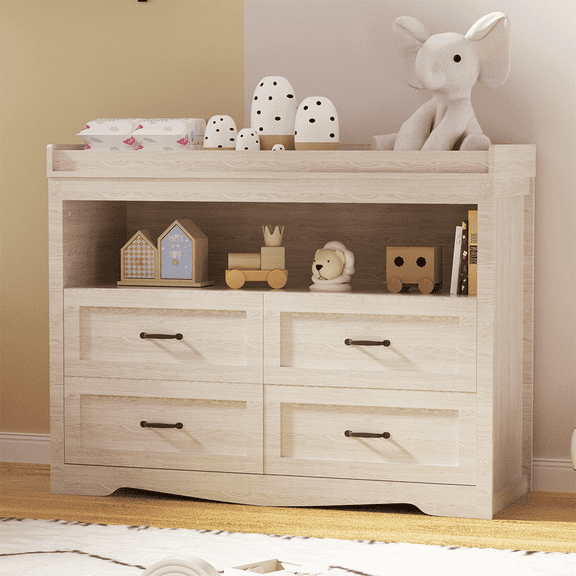 Baby Changing Table Dresser Nursery Chest with Storage-Infant & Toddler, 4 Drawers and Open Storage Space, Beige