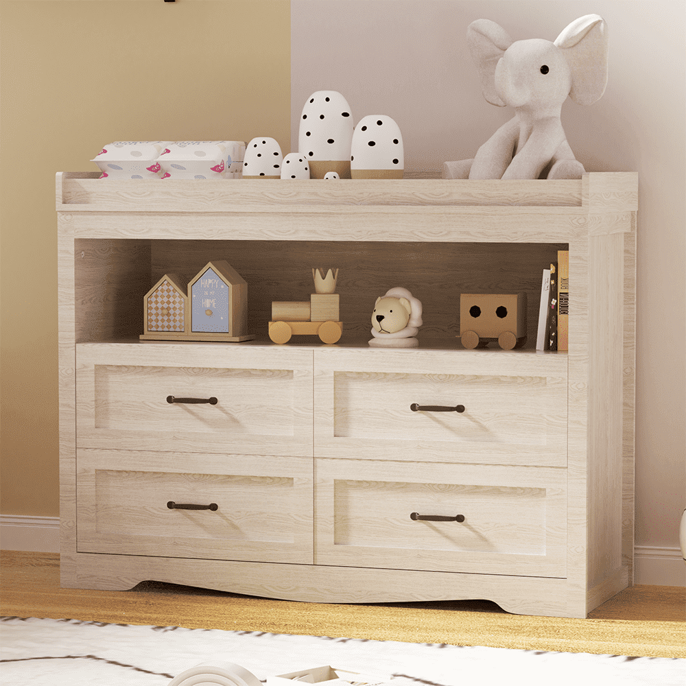 Baby Changing Table Dresser Nursery Chest with Storage-Infant & Toddler, 4 Drawers and Open Storage Space, Beige
