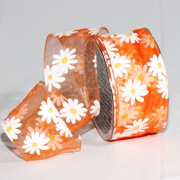 The Ribbon People Orange Organdy with Daisy Print Wired Craft Ribbon 2" x 54 Yards