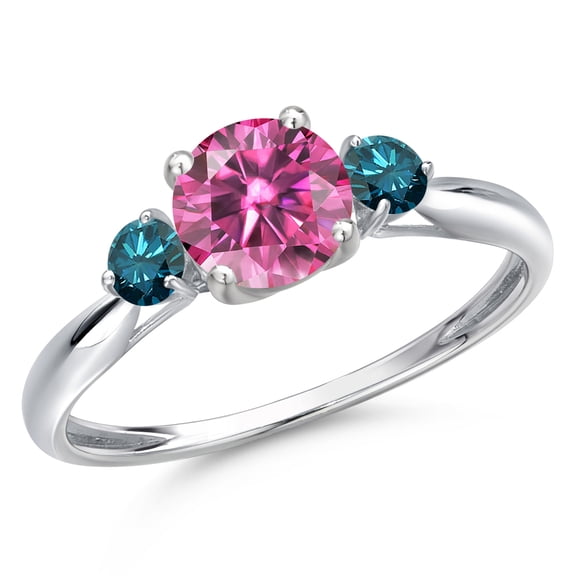 Gem Stone King 10K White Gold Pink Moissanite and Blue Diamond 3-Stone Ring for Women | 1.00 Cttw | Round 6MM | Gemstone Birthstone | Size 9