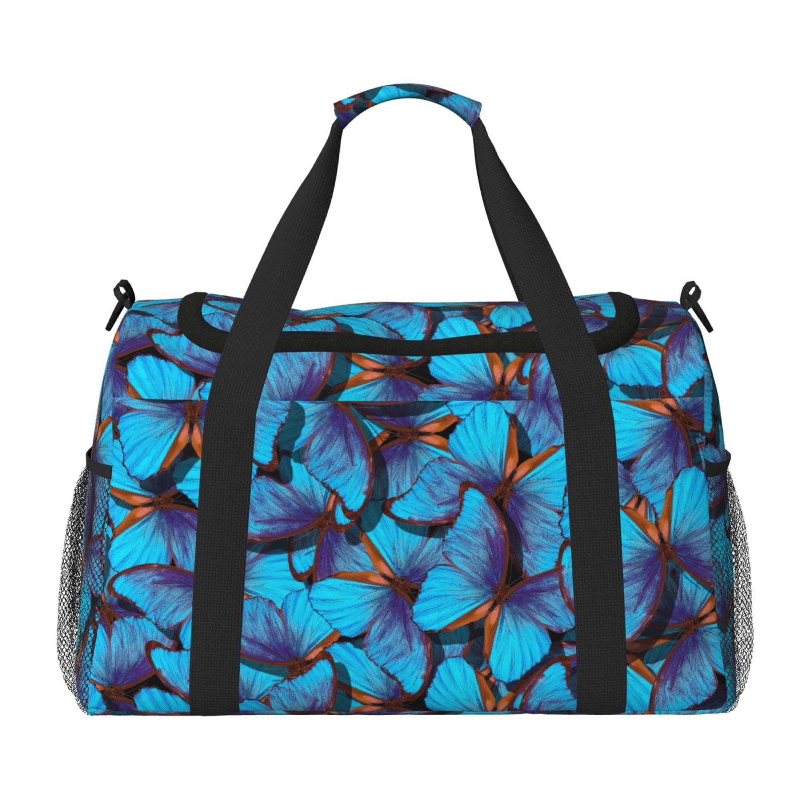 Xecao Blue Butterflies Pattern Lightweight Crossbody Weekender Bag Mesh Side Pockets Padded Handles Sports Outdoor Gear Organizer