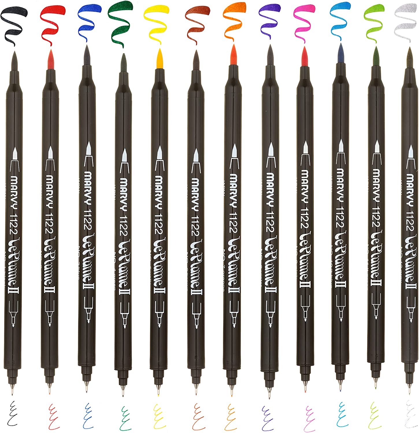 Uchida 1122-12A Le Plume II Double-Ended Markers with Brush and Fine Tips, Primary, Set of 12