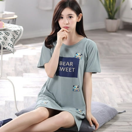 

QWZNDZGR Summer Knitted Cotton Women s Sleep Lounge Dress Big Girls Cartoon Sleepwear Nightgowns Sleepshirts Night Shirts Home Clothing