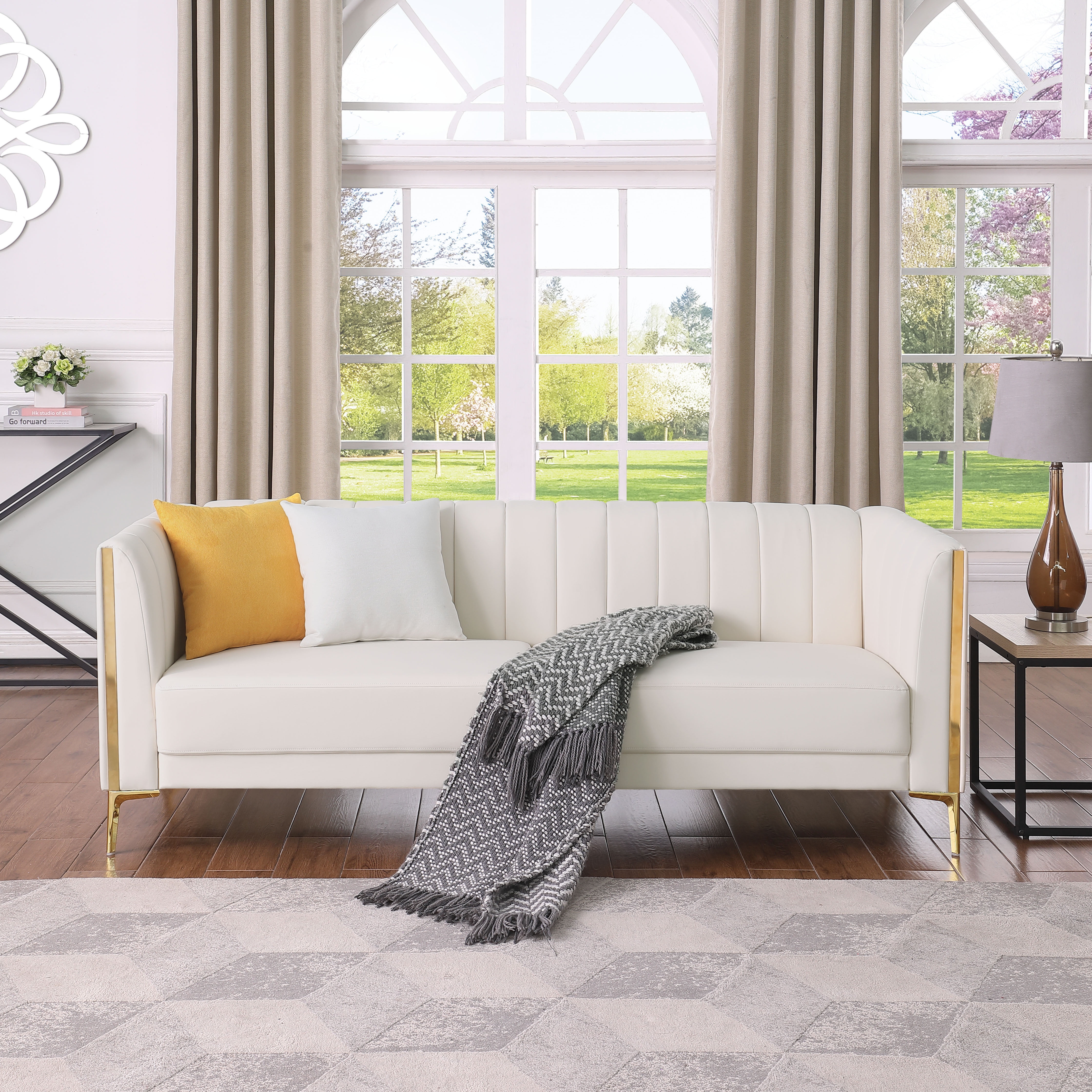 Homfa 77.6" 3 Seater Sofa, Modern PU Leather Couch with Golden Legs & Armrests & 2 Pillows for Business Office, Cream White