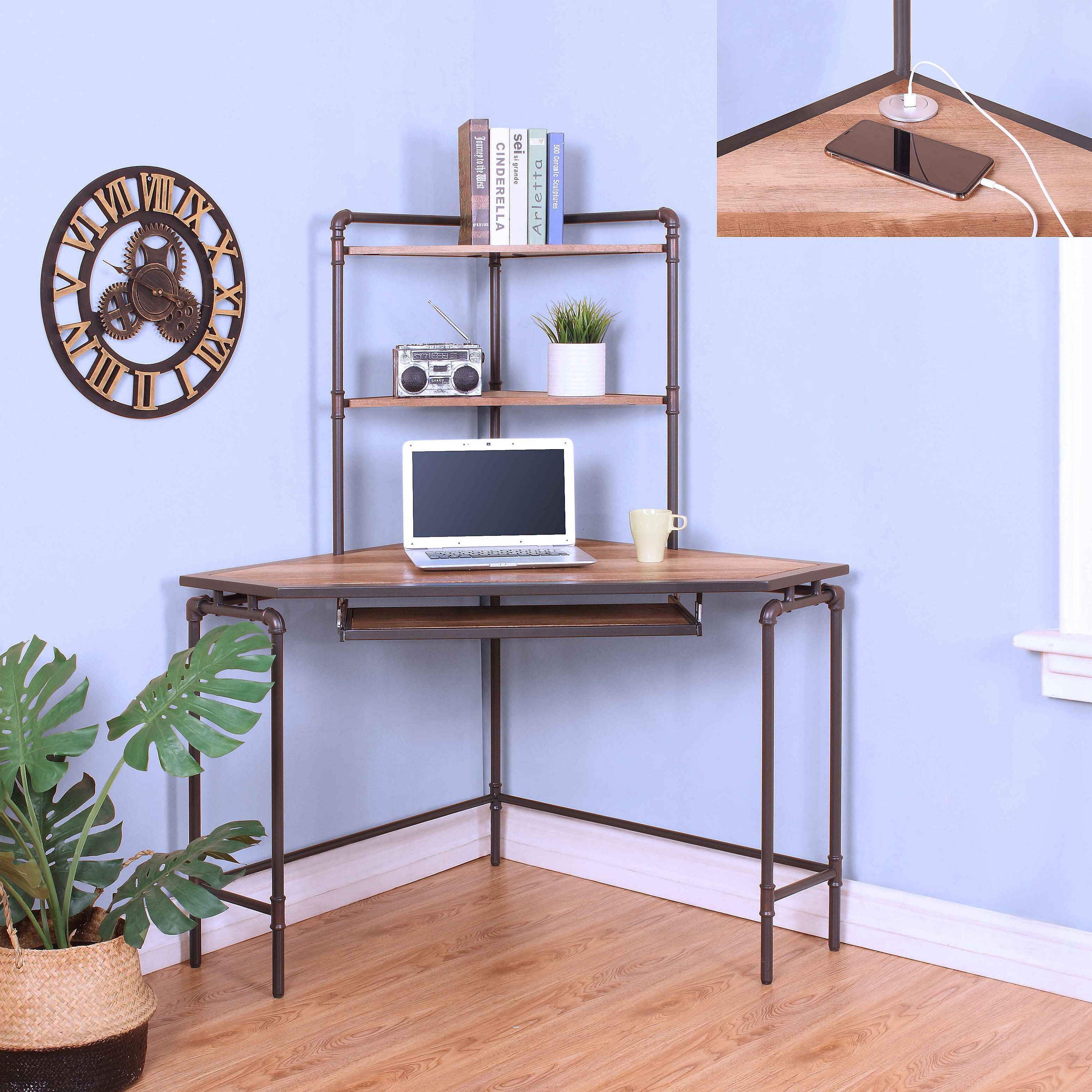 Furniture of America Stod Corner Desk with USB Plug, Black and Copper