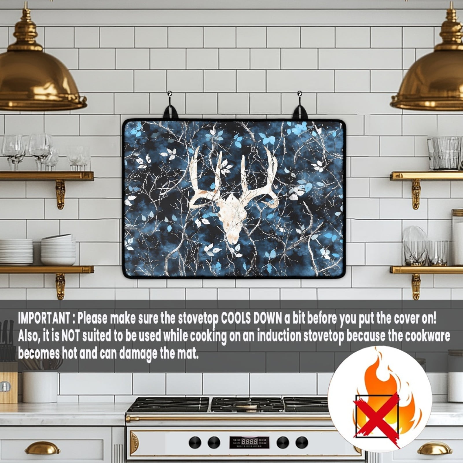 Renewold Electric Stove Cover Glass Stove Top Cover Heat Resistant Anti-slip Stovetop Protector Cover Cooktop Mat Extra Counter Space Extra Large, Deer Skull Camo Hunting Forest