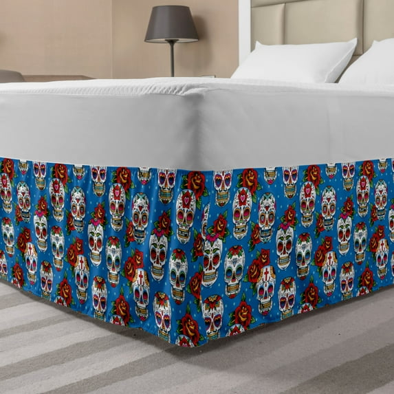 Sugar Skull Bed Skirt, Retro Style Mexican Cultural Pattern on Polka Dots Rose Bouquets Skeletons, Elastic Bedskirt Dust Ruffle Wrap Around for Bedding Decor, 4 Sizes, Multicolor, by Ambesonne
