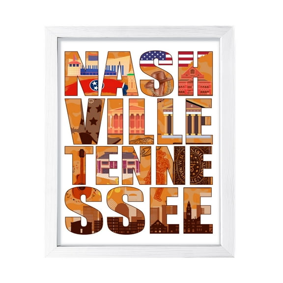 Designs ByLITA Nashville, Tennessee Inspirational, 8 x 10 White Wall Print (Framed) | American Cities Stylish Home Decoration