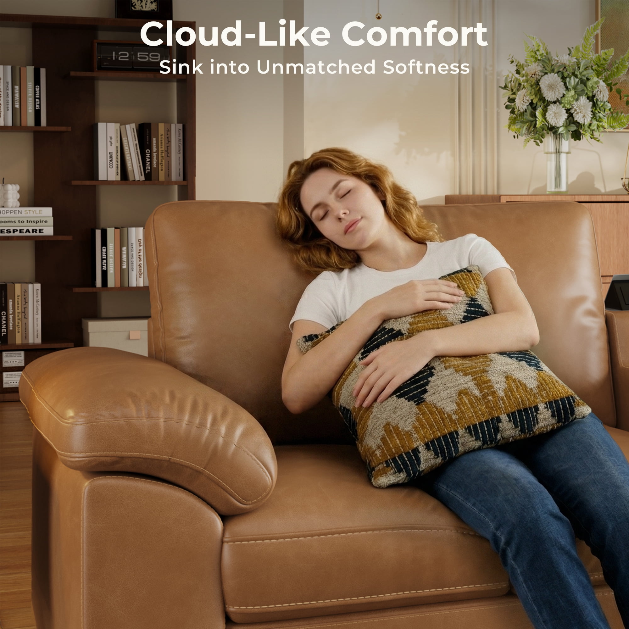 Modular Sectional Sofa with Removable Washable Covers, Oversized Deep Seat 3 Seater Couch, Pet-Friendly Leather in Brown