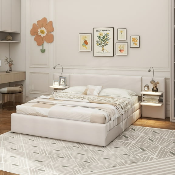 Queen Size Upholstered Platform Bed with Reading Lights, Drawers, Trundle and Shelves, Beige