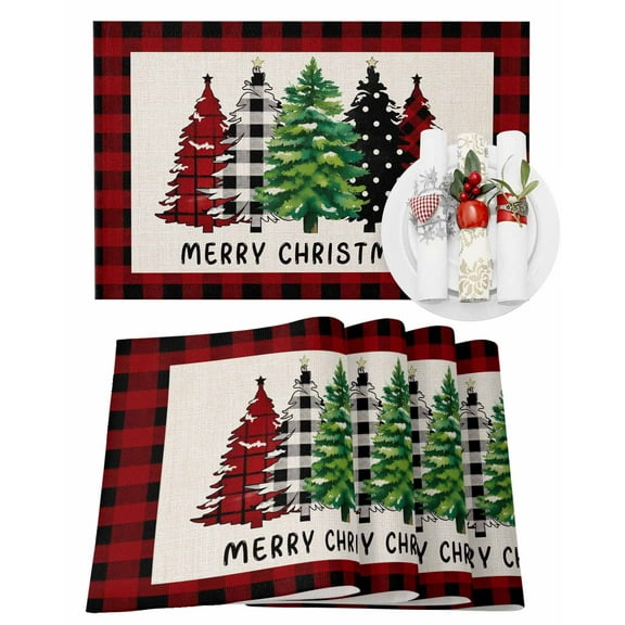 Merry Christmas Placemats Set of 2 Plaid Xmas Pine Tree Red Black Plaid Linen Heat Insulation Washable Place Mats, Rustic Non-Slip Table Mats for Dining Table Party Kitchen Decor,13x19 Inch